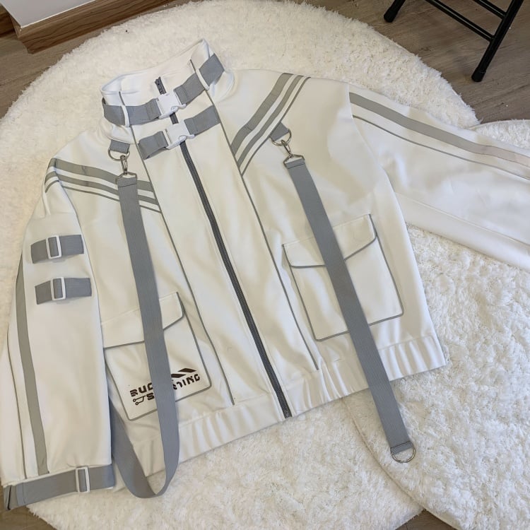 White Futuristic Cyberpunk Buckle Strap Jacket