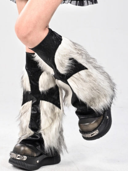 Black Gothic Cross Shaggy PU Leg Warmers