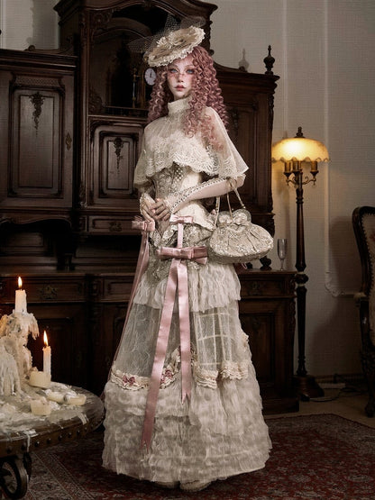 Bead High Shawl Victorian Cream Collar Lace Light Tassels Cape