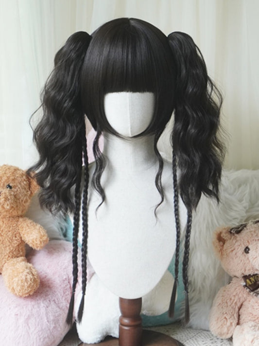 Black Tea Bob Cut Short Wig With Bangs＋Double Wavy Ponytail Claw Clips