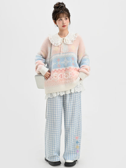 Pink Cute Bunnies Pattern Round Neck Soft Sweater