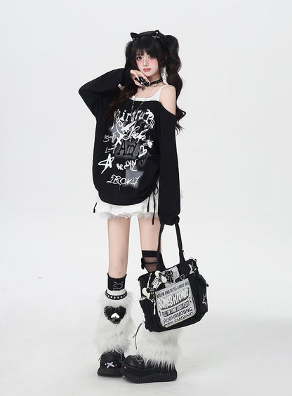 Star Y2K Print Open Shoulder Black/White Top Faux Two-pieces