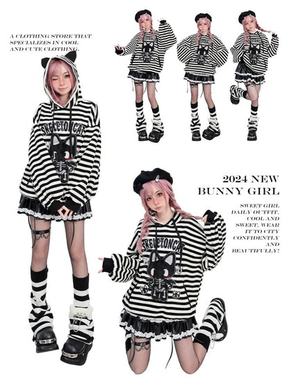 Y2K Skeleton Kitty Black and White Striped Hoodie