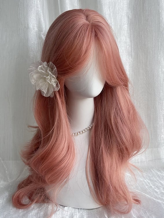 Pink Waist Length Wavy Synthetic Wig With Curtain Bangs