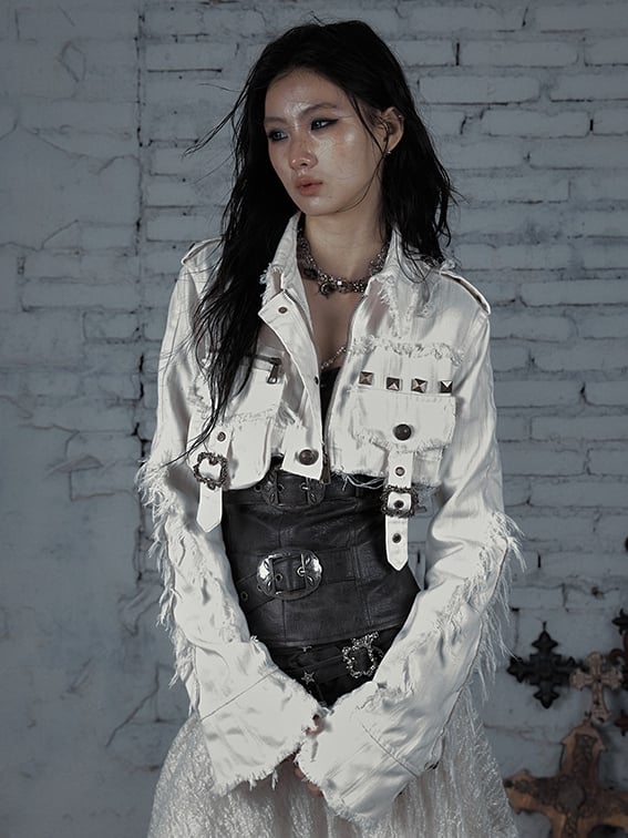 Studs Buckle Decorated And Wasteland Cropped White Punk Jacket