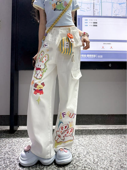 White Low Cartoon Bunny Print Waist Wide-leg Jeans