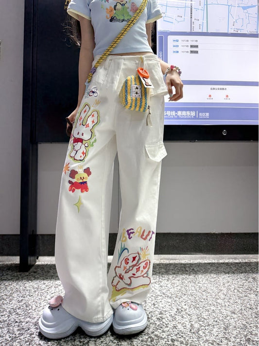 White Low Cartoon Bunny Print Waist Wide-leg Jeans