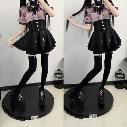 Schwarze Spitze, Double Kei Cutouts, Schleife, Blusenkragen im Jirai-Stil und Schulter lila