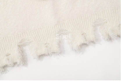 White Cute Red Panda Adorned Distress Trim Loose Sweater