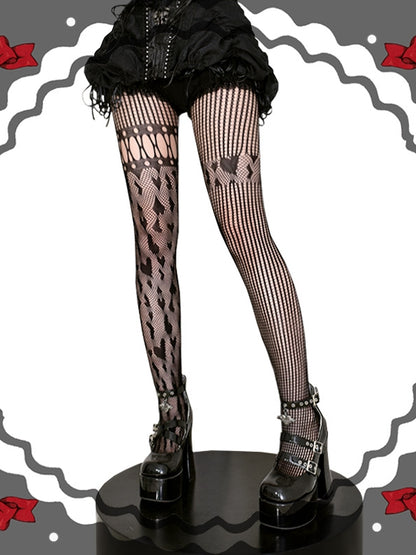 Black / Red / White Heart Pattern Asymmetrical Fishnet Tights
