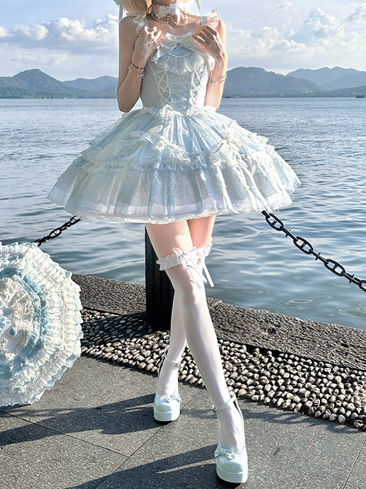 Pullover, abnehmbare Ärmel, Rock, süßes Lolita-Kleid, flatternd mit großem blauen Schnürmieder, hoch taillierter Schleife