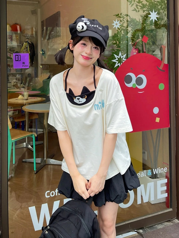 Cat T-Shirt Faux White Halter Neck Two-pieces