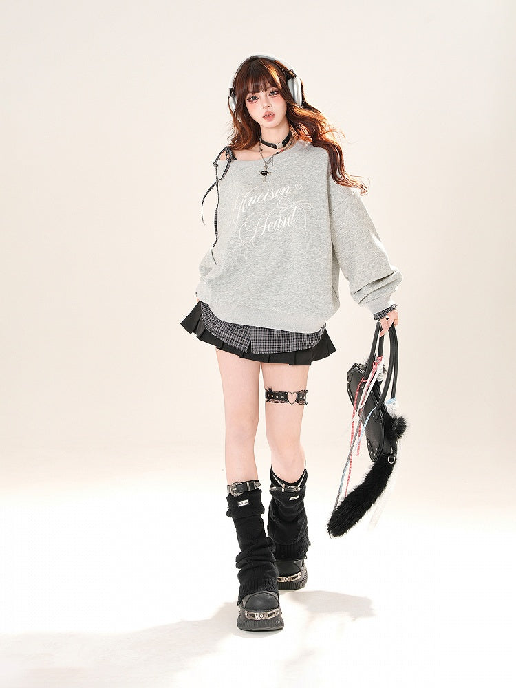 Sweatshirt zum Binden, asymmetrischer Ausschnitt, karierter Saum, schwarz/grauer Schultergurt