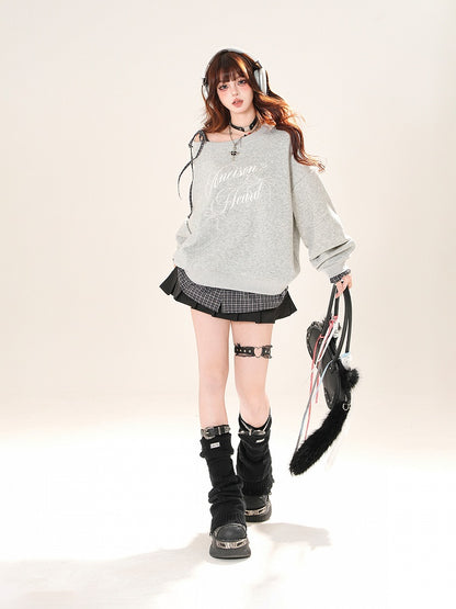 Sweatshirt zum Binden, asymmetrischer Ausschnitt, karierter Saum, schwarz/grauer Schultergurt