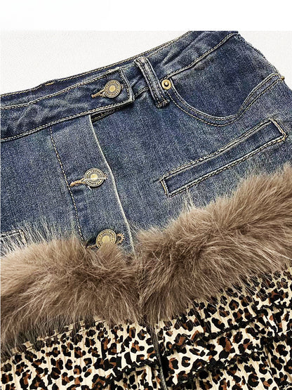 Leopard Hem Patchwork Denim High Waist Skirt