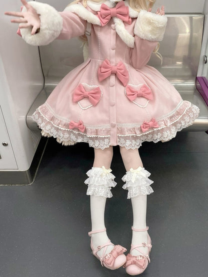 Light Pink Bow Accents Cape Lolita Coat with Lace Trim