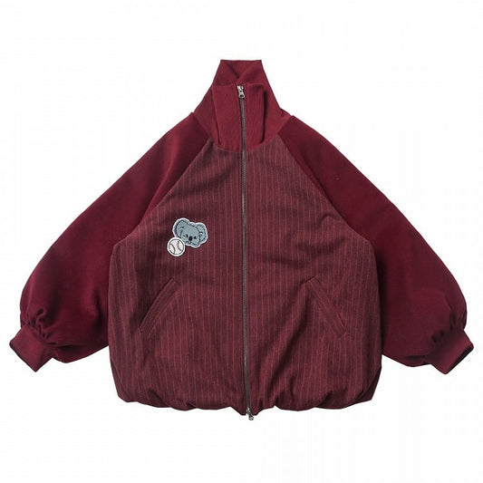 Wine Red High Neck Koala Applique Bubble Hem Striped Coat