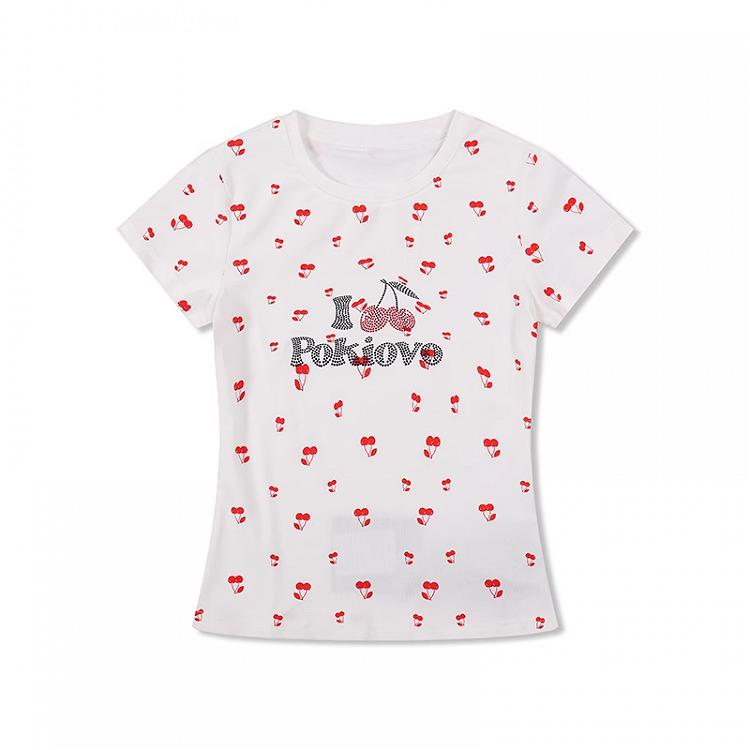 White Allover Cherry Print Rhinestone Letter T-shirt