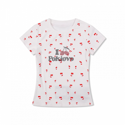 White Allover Cherry Print Rhinestone Letter T-shirt