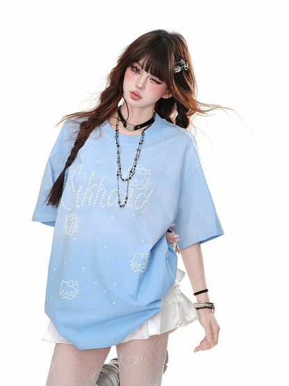 Blue/Rose Red Round Neck Kitty Rhinestone Loose T-Shirt