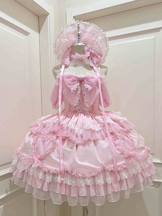 Robe Lolita rose à gros nœud et manches bouffantes style princesse