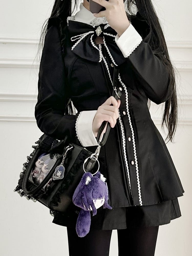 Ita Trim with Jirai Decorated Bowknot Free Holder Lace Beaded Card Bag Heart Kei PVC Black