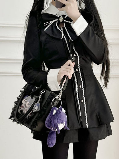 Ita Trim with Jirai Decorated Bowknot Free Holder Lace Beaded Card Bag Heart Kei PVC Black