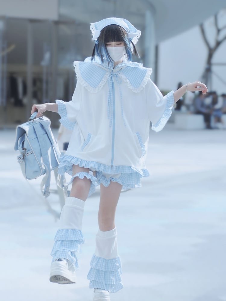 White Blue Bunny Ear Design Hooded Jacket and Free Collar