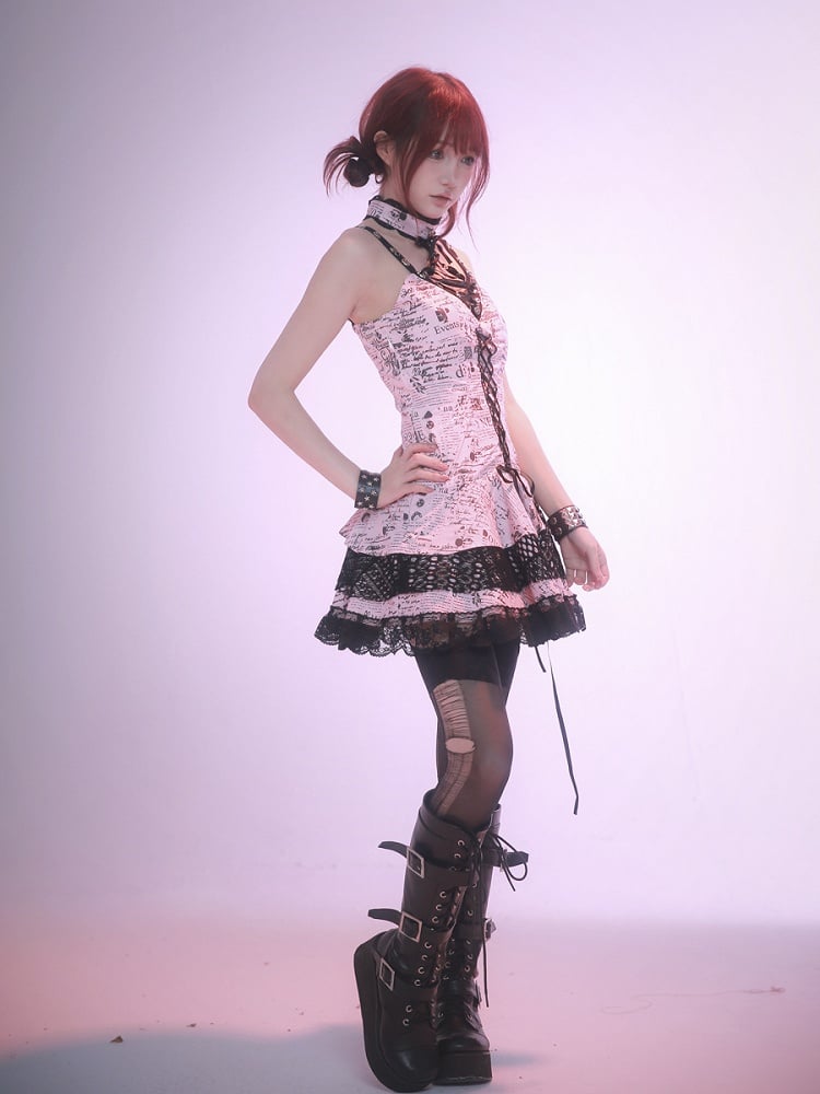 Robe punk rock rose sans manches à imprimé dentelle