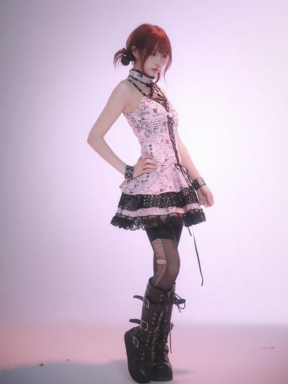Robe punk rock rose sans manches à imprimé dentelle