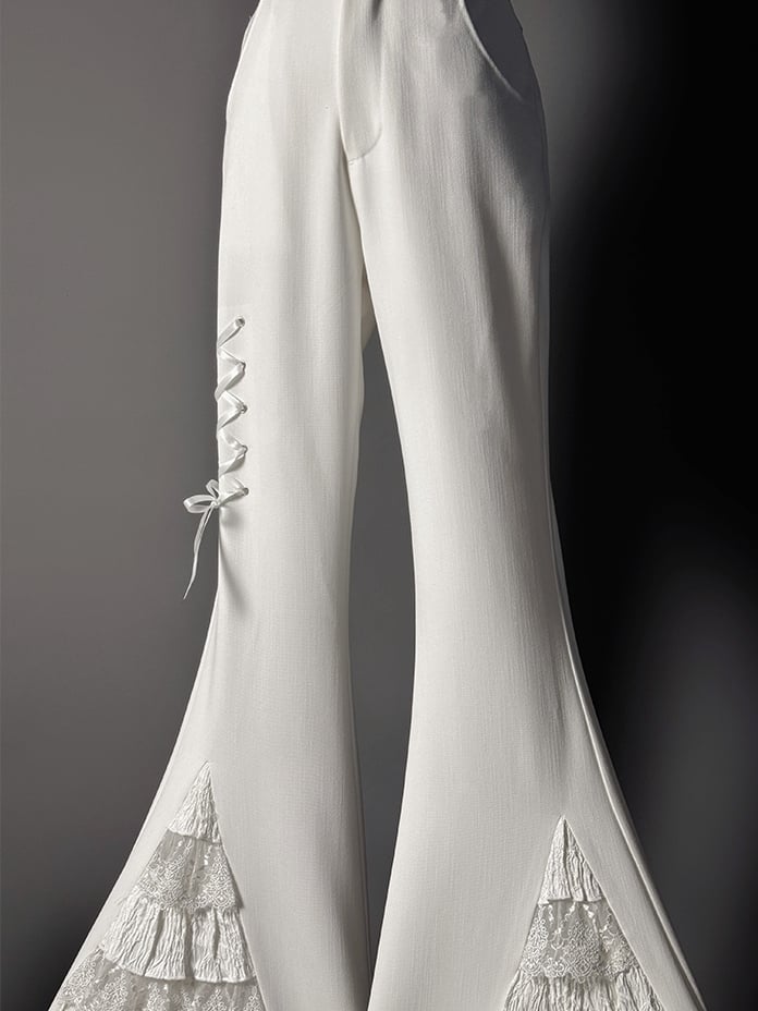 Lace Patches Flared Cuffs Pants White Tiered