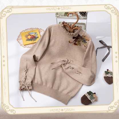 Autumn Pinecone Top Cuffs Khaki Neckline Lace-up Knit Embroidery