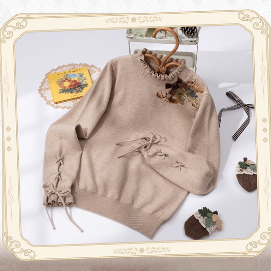 Autumn Pinecone Top Cuffs Khaki Neckline Lace-up Knit Embroidery