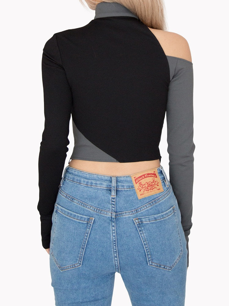 Cyberpunk Black & Grey Banded Collar Cutout Detail  Asymmetrical Hem Glamorous Top