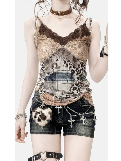 Trim Leopard Pattern Cami Top Y2K V-neck Patches + Contrast Brown Lace
