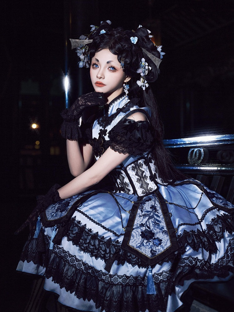 Robe Qipao élégante à col cheongsam bleu et noir + ceinture corset à baleines + ensemble Qi Lolita JSK superposé à pompons