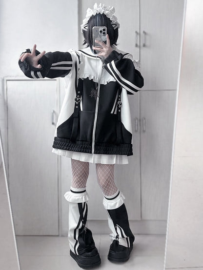 Sailor Zip WhiteBlack Collar Jacket Jirai Sweatshrit Closure Kei
