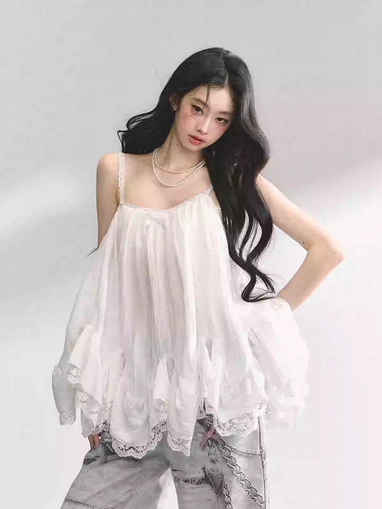 White Handkerchief Hem Lace Trim Chiffon Cami Top