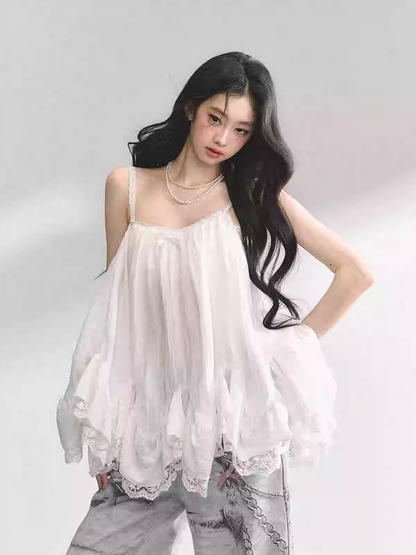 White Handkerchief Hem Lace Trim Chiffon Cami Top