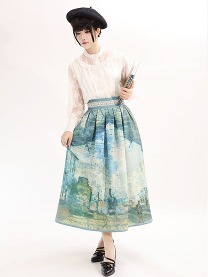Saint-Lazare Oil Painting Print Green Waist Skirt Version Gare Long/Short High