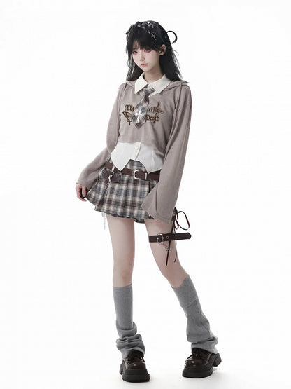 Y2K Lace-up Black Detail Plaid Skort with Buckle Belt and Chain White/ Khaki