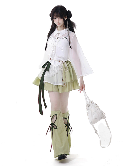 Buttons Style Shirt Cheongsam Butterfly-shaped Cutout White Sheer Chiffon Knot Short Version