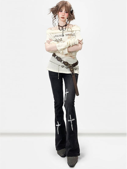 Flare Black Wings Print Y2K Jeans And Silhouette Cross