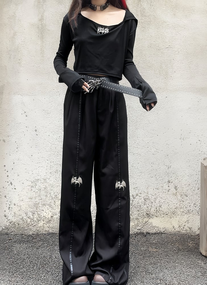 Length Floor Black Metal Dragon Knee Wide-Leg Pants