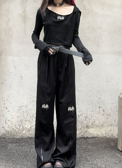 Length Floor Black Metal Dragon Knee Wide-Leg Pants