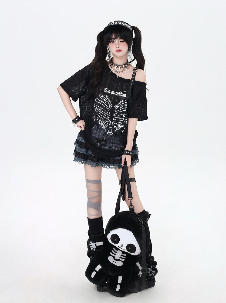 Y2K Asymmetrical Neckline Skeleton Heart Print Black/Gray/White T-Shirt