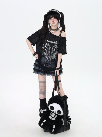 Y2K Asymmetrical Neckline Skeleton Heart Print Black/Gray/White T-Shirt
