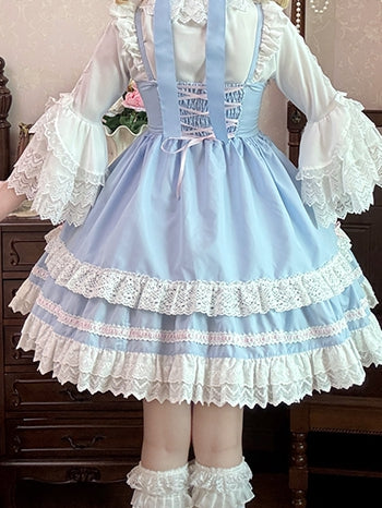 Lace Tiered Trim Sweet Lolita Dress Pink Bowknots Blue JSK