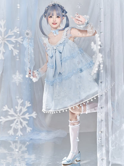 Light Blue Snow Moon Castle Overlay Pompoms Trimmed Dress Sweet Lolita Jumper Skirt