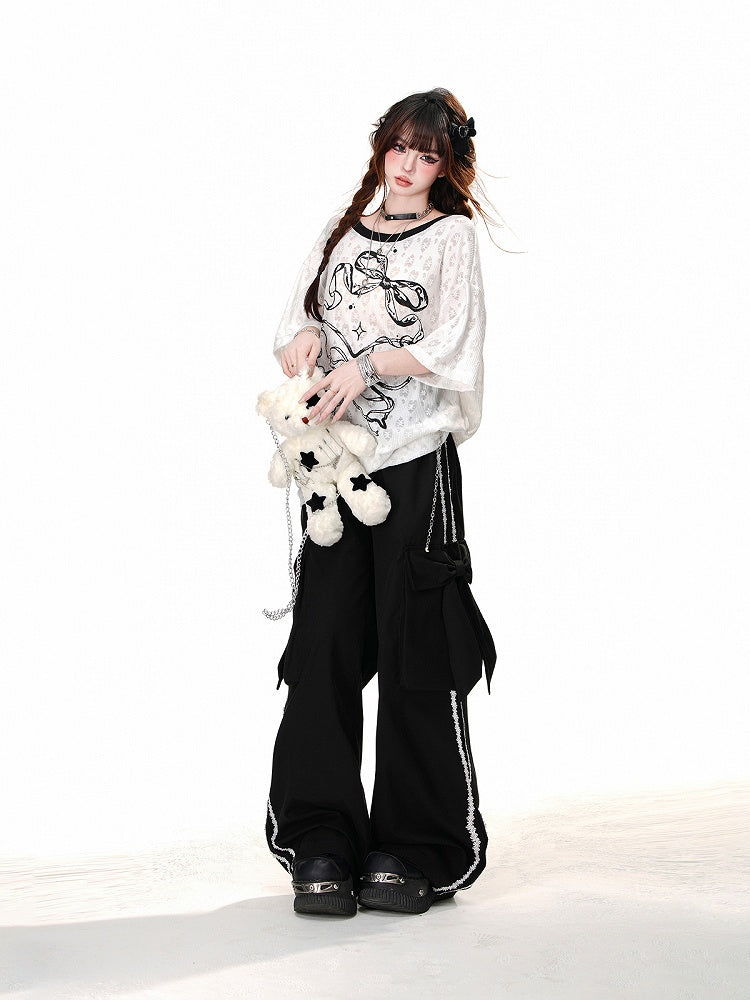 Blue/White Semi-sheer Bowknot Print Backless T-Shirt with Bow